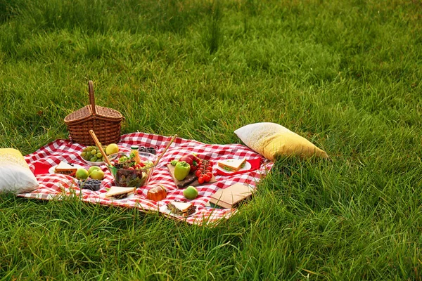 Picnic blanket with delicious snacks on grass in park — Stock Photo, Image