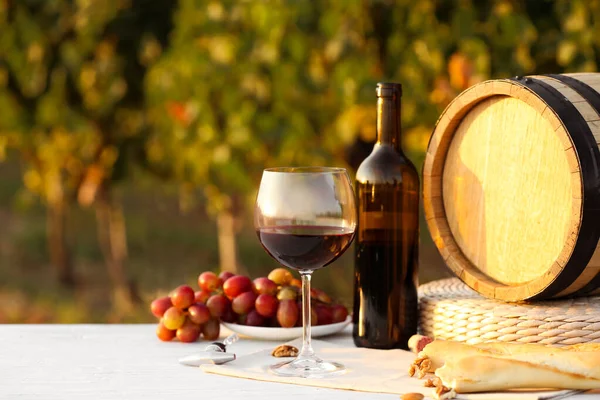 Композиція з вином і закусками на білому дерев'яному столі в винограднику — стокове фото