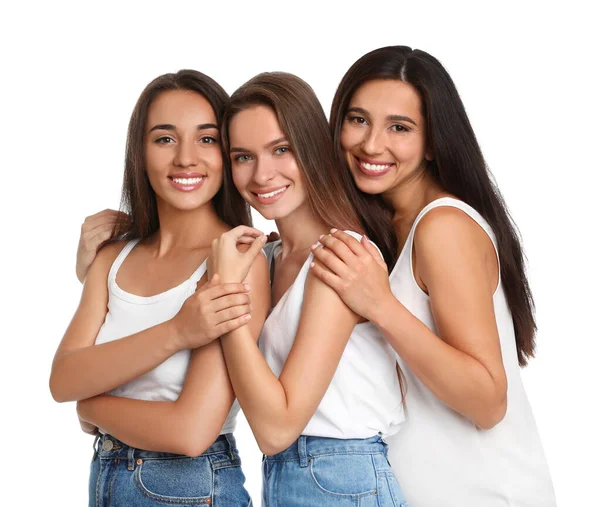 Lyckliga kvinnor på vit bakgrund. Girl Power Concept — Stockfoto