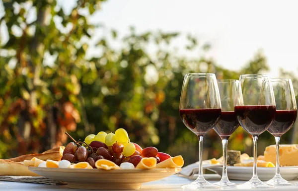 Red wine and snacks served for picnic on white wooden table outdoors — Stock Photo, Image