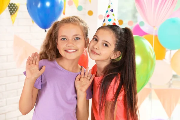 Happy children in room decorated for birthday party — Stock Photo, Image