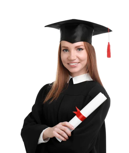 Estudante feliz com chapéu de formatura e diploma em fundo branco — Fotografia de Stock