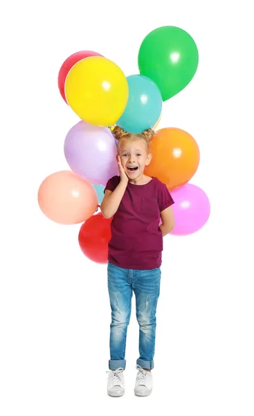 Emotioneel klein meisje met bos van kleurrijke ballonnen op witte achtergrond — Stockfoto