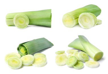 Beyaz arka planda kesilmiş taze çiğ pırasa seti. Olgun soğanlar