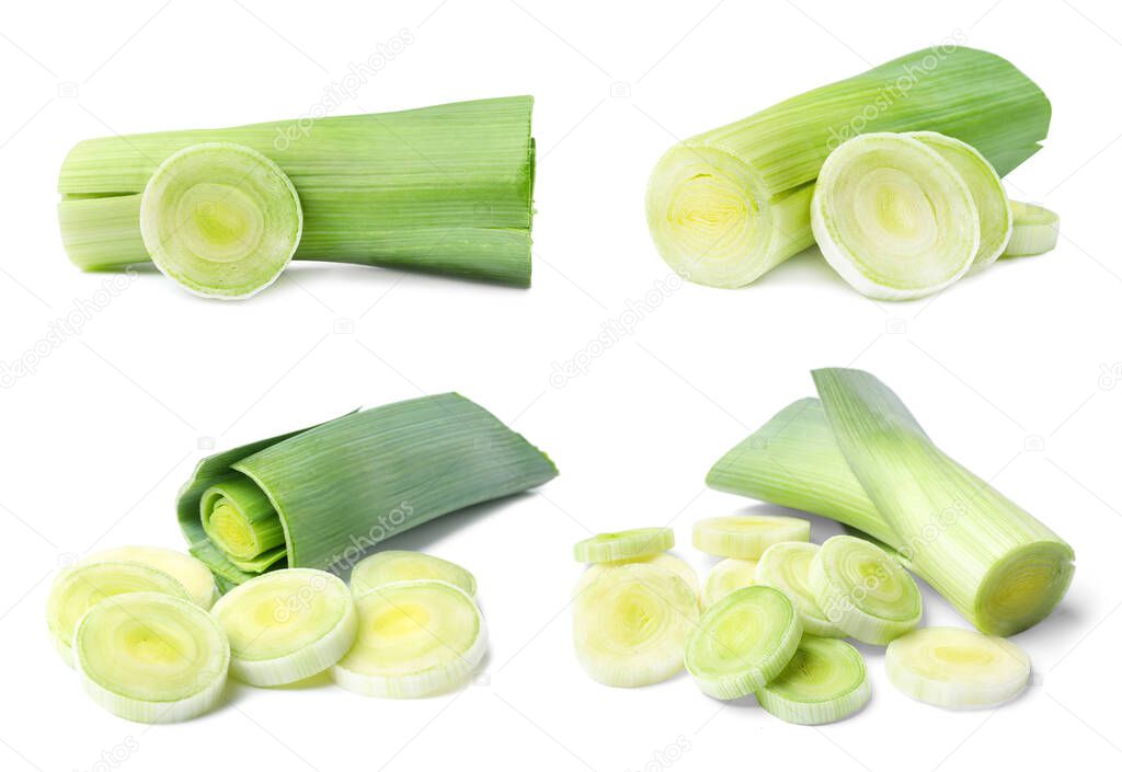 Set of cut fresh raw leeks on white background. Ripe onions