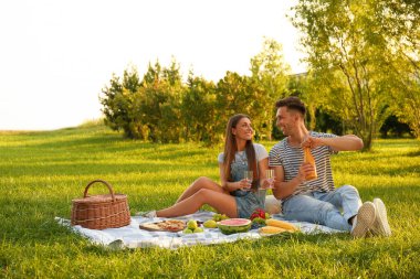 Mutlu çift güneşli bir günde parkta piknik yapıyor.