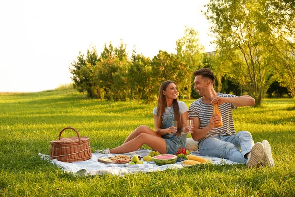 Boldog pár piknik a parkban a napsütéses napon — Stock Fotó