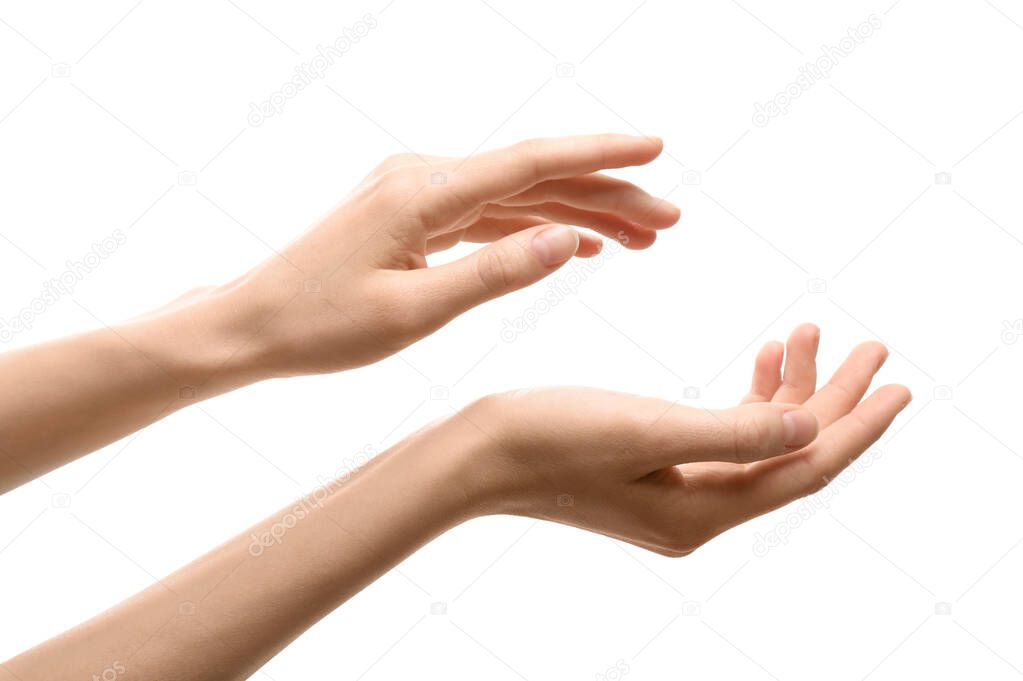 Woman with beautiful hands on white background, closeup