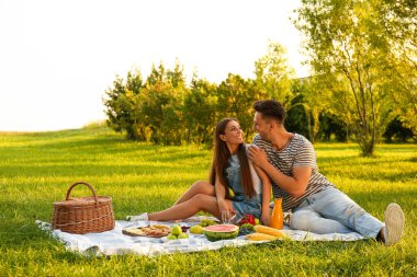 Mutlu çift güneşli bir günde parkta piknik yapıyor.