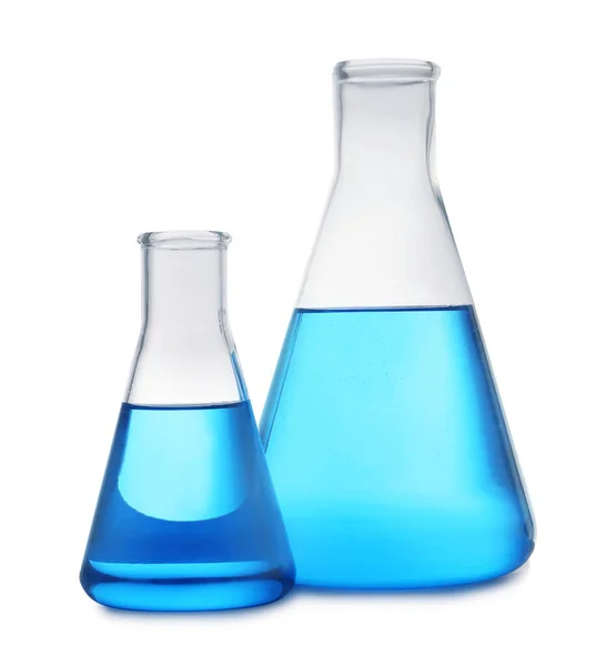 Conical flasks with blue liquid on white background. Laboratory glassware — Stock Photo, Image