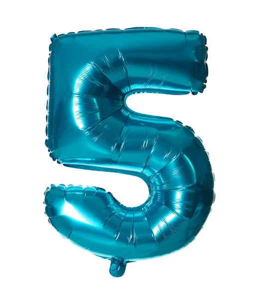 Azul número cinco balão no fundo branco — Fotografia de Stock