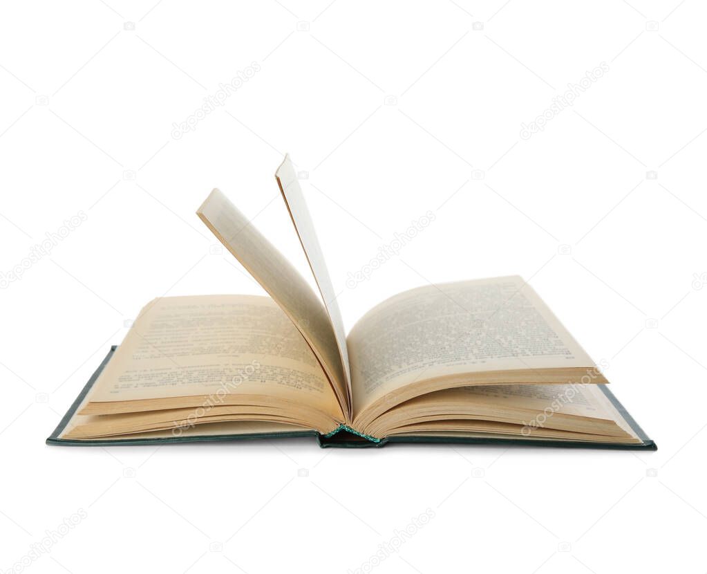 Open hardcover old book on white background