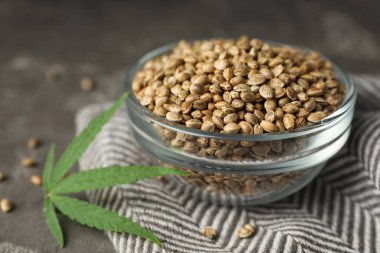 Gri masada organik kenevir tohumu ve yaprağı