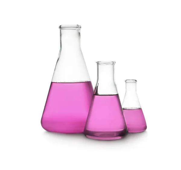 Conical flasks with purple liquid on white background — Stock Photo, Image