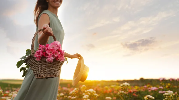 Vrouw met mand van rozen in prachtige bloeiende veld, close-up — Stockfoto