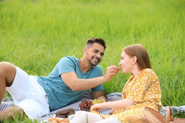 Genç adam dışarıda piknik battaniyesinde kız arkadaşını üzümle besliyor.