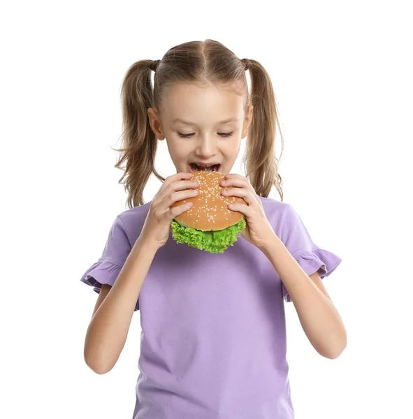 하얀 배경에서 샌드위치를 먹는 행복 한 소녀. 학교 급식으로 건강에 좋은 음식 — 스톡 사진