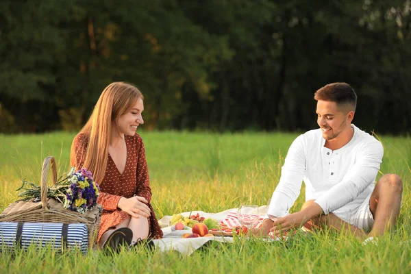 Junger Mann und seine Freundin picknicken im Park — Stockfoto