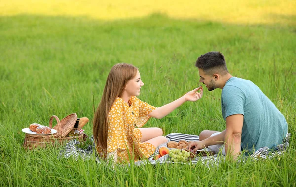 Ung kvinna mata sin pojkvän med druva på picknick utomhus — Stockfoto