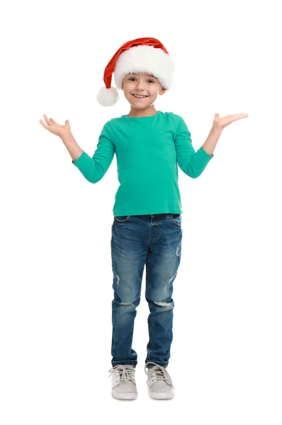 Söt liten barn bär Santa hatt på vit bakgrund. Julsemester — Stockfoto