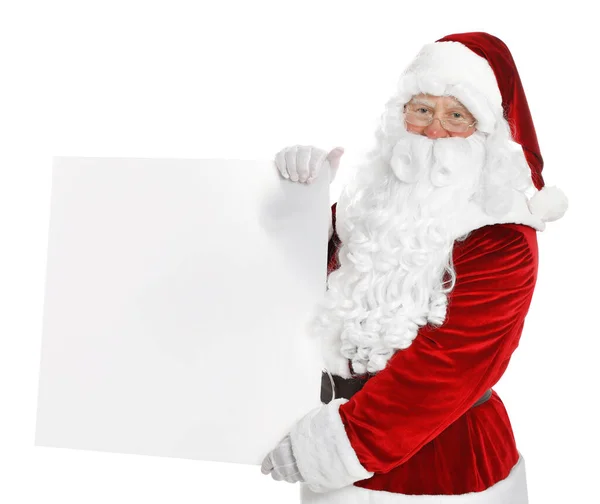 Szczęśliwy autentyczny Święty Mikołaj z pustym sztandarem na białym tle. Przestrzeń do projektowania — Zdjęcie stockowe