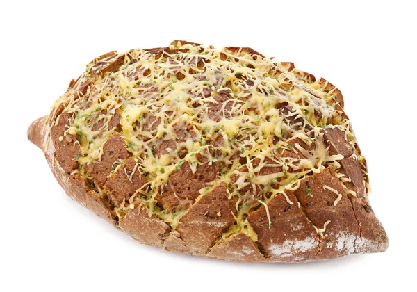 Leckeres hausgemachtes Knoblauchbrot mit Käse und Kräutern auf weißem Hintergrund — Stockfoto