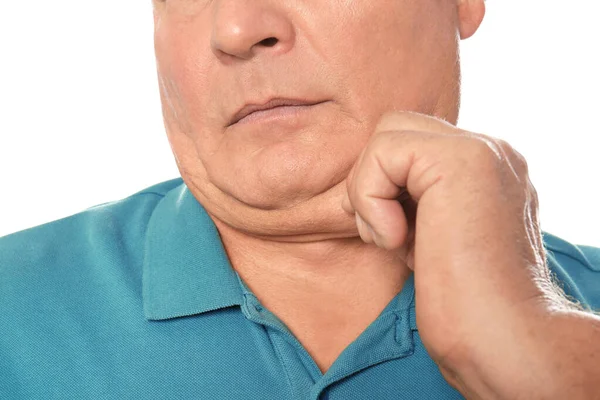 Mature man with double chin on white background, closeup — Stock Photo, Image