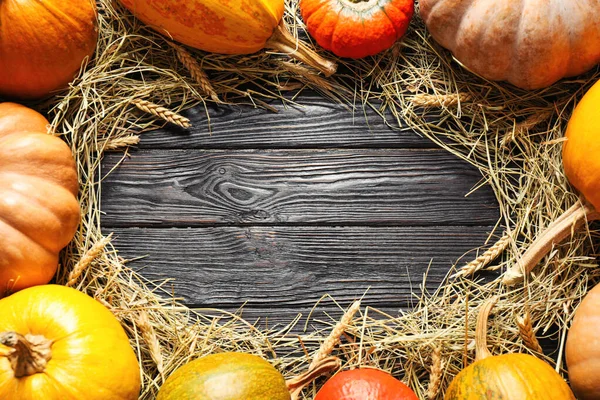 Flat lay composition with different ripe pumpkins on wooden background, space for text. Holiday decoration Stock Photo