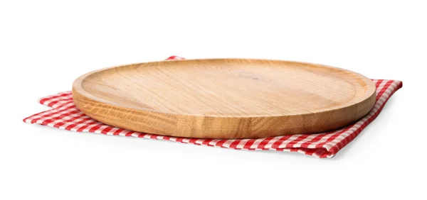 Wooden board and checkered napkin isolated on white — Stock Photo, Image