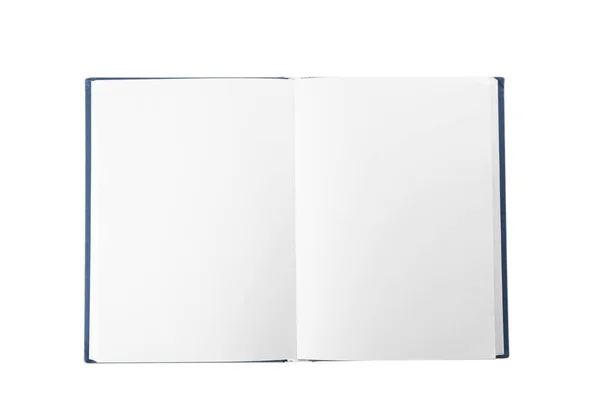 Öppna inbunden bok med tomma sidor på vit bakgrund, ovanifrån — Stockfoto