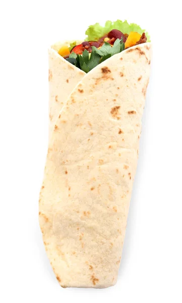 Νόστιμο κρέας tortilla wrap απομονώνονται σε λευκό, κορυφαία άποψη — Φωτογραφία Αρχείου