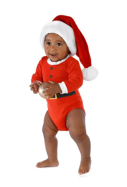 Cute African-American baby wearing festive Christmas costume on white background — Stock Photo, Image