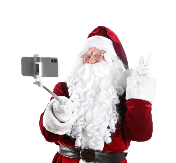 Authentischer Weihnachtsmann macht Selfie auf weißem Hintergrund — Stockfoto