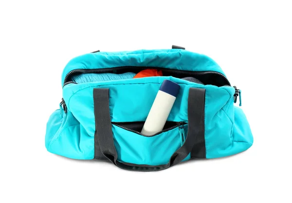 Sport táska dezodorral fehér alapon — Stock Fotó