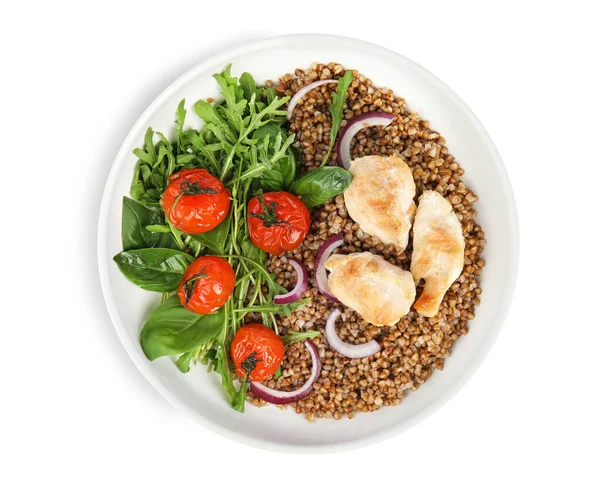 Вкусная гречневая каша с мясом и овощами на белом фоне, вид сверху — стоковое фото