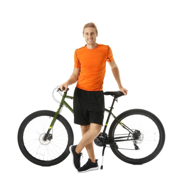 Glücklicher junger Mann mit Fahrrad auf weißem Hintergrund — Stockfoto