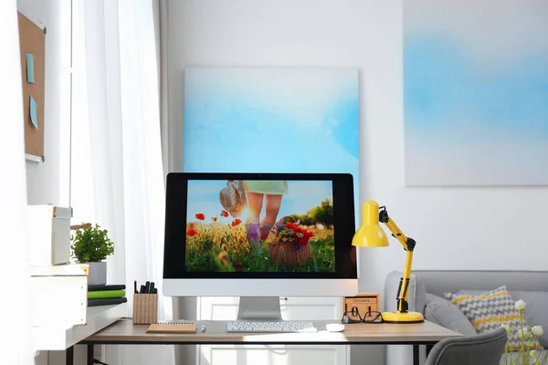 Comfortable workplace with modern computer on desk. Home office — Stock Photo, Image