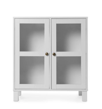 Beyaz arka planda boş ahşap dolap. Şık ev mobilyaları