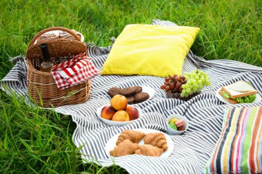 Yeşil çimenlerin üzerinde farklı aperatiflerle piknik battaniyesi