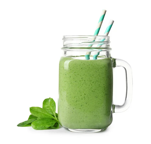 Einmachglas mit gesundem grünen Smoothie mit frischem Spinat auf weißem Hintergrund — Stockfoto