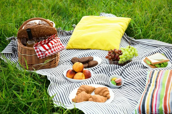 Picknickdecke mit verschiedenen Snacks auf grünem Gras — Stockfoto