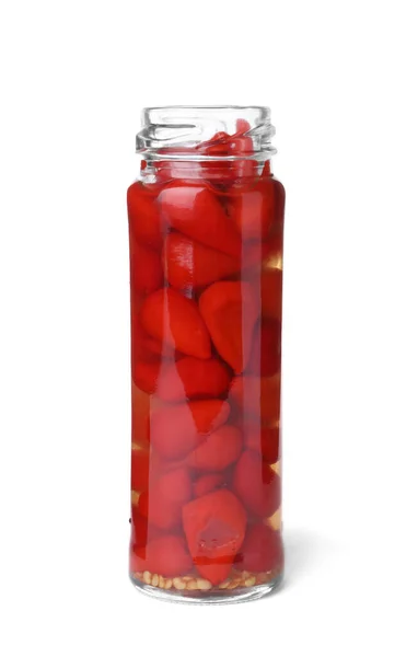 Jar with pickled hot peppers on white background — ストック写真