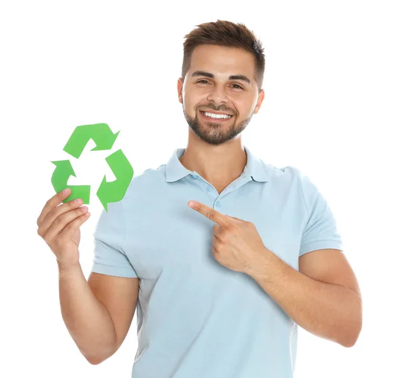 Joven con símbolo de reciclaje sobre fondo blanco —  Fotos de Stock