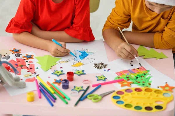 Little children drawing at table indoors, closeup. Christmas season — Stock Photo, Image