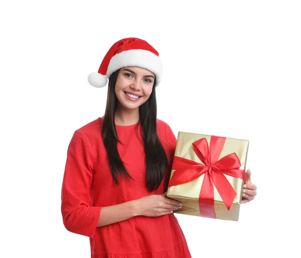 戴着圣诞礼帽、头戴白色背景圣诞礼物的快乐少女 — 图库照片