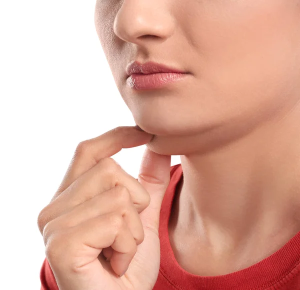 Young woman with double chin on white background, closeup — Stock Photo, Image