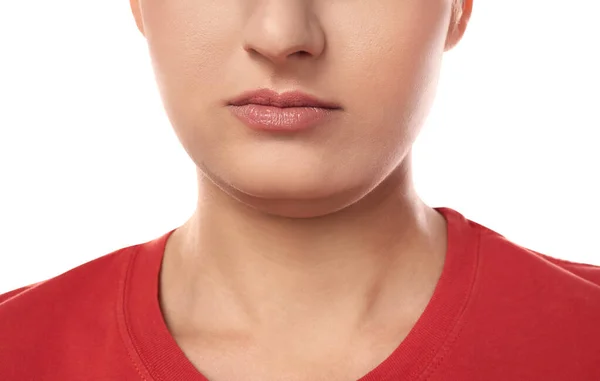 白い背景に二重顎を持つ若い女性,クローズアップ — ストック写真