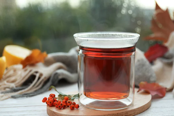 Xícara de bebida quente e cachecol no peitoril da janela dentro de casa. Atmosfera de outono acolhedor — Fotografia de Stock