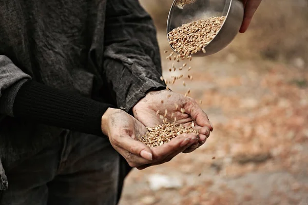 Wanita memberikan orang miskin semangkuk gandum di luar ruangan, menutup diri — Stok Foto