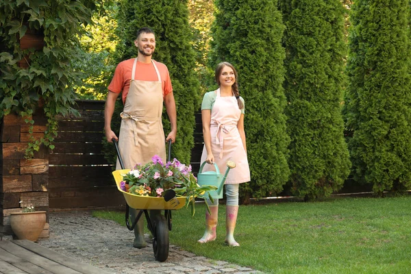 Pasangan bahagia bekerja sama di kebun hijau — Stok Foto